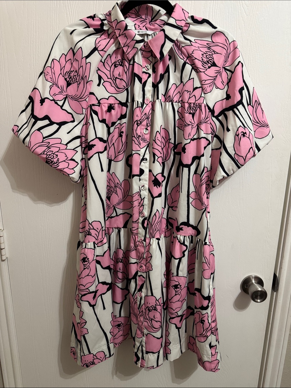 Wenrine Floral Button Down Shirt Dress Collared‎ Puff Short Sleeve Women’s X